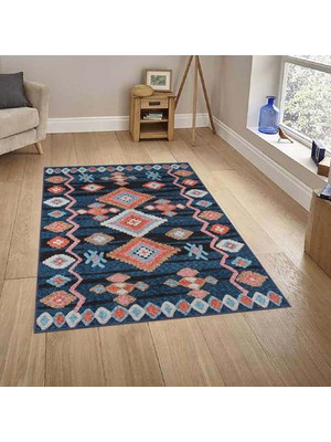 Borgo Geometrik Lacivert Polyester ve Pamuklu Yıkanabilir Kaydırmaz Taban Dijital Baskı Halı