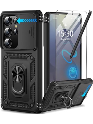Samsung Galaxy S24 Ultra Uyumlu Ekran Koruyucu Kılıf Sürgülü Yüzüklü Standlı Darbe Emici Tank Kapak