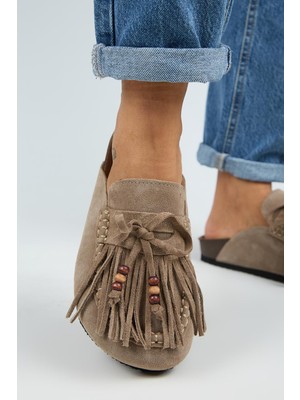 Manijero Malinda Kadın Hakiki Deri Püsküllü Boncuk Detaylı Sabo Vizon Terlik