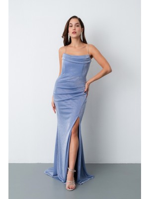 Kadın Indigo Askılı Simli Örme Abiye Elbise