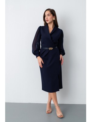 Kadın Lacivert Kemerli Midi Abiye Elbise