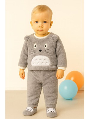Mai Perla Totoro Nakışlı Welsoft Peluş 3'lü Bebek Takım Unisex Uzun Kol Gri Polar Kumaş