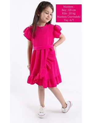 👉 Kız Çocuk Yazlık Fırfırlı Şık Elbise - Fuşya Renkli, 2-8 Yaş - Likralı ve Kemerli Model