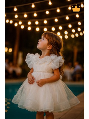 2-8 Yaş Gül Yakalı Grenli Kabarık Tül Kız Bebek Çocuk Abiye Elbise Bayramlık Gelinlik Ekru 3502