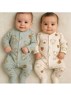 Haki /ekru Erkek Bebek Ayıcık Desenli 2li Tulum Takımı Yenidoğan Pamuklu