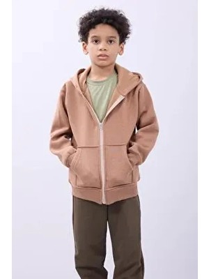 Unisex Çocuk Kapüşonlu Fermuarlı Hırka – Kahverengi Rahat ve Şık Günlük Üst