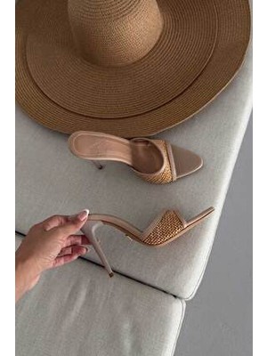 Ruche Hasır Detaylı Ten Mat Kadın 10CM Topuklu Hasır Terlik 10 cm Terlik,