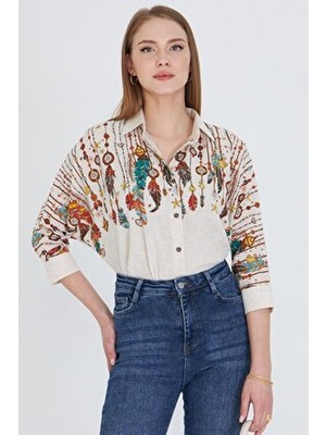 Kadın Krem Çeyrek Kol Salaş Gömlek ARM-25Y001055