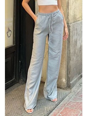 la & vetta Gri Keten Karışımlı Bol Kesim Pantolon Kadın İçin İnce Kumaşlı Rahat Model