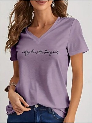 V Yaka Baskılı Oversize T-Shirt Salaş Boyfirend