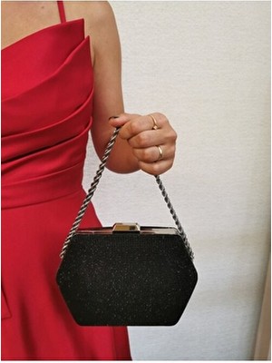 Kadın Bigtaş Görünümlü Siyah Abiye Clutch Zincir Askılı El Düğün Nişan Gece Omuz Çantası