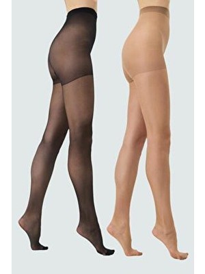 C&city 15 Denye İnce Büyük Beden Düz Desenli Külotlu Çorap Poliamid Kadın 2'li Paket