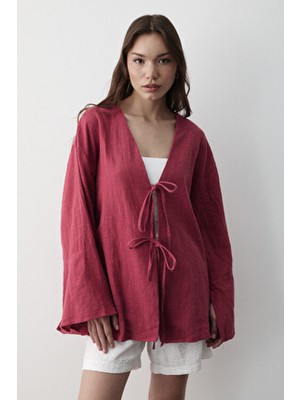Jaste Kadın Yarasa Kol Çift Bağlamalı Kimono %100 Pamuk Düz Desenli Oversize Rahat Tasarım