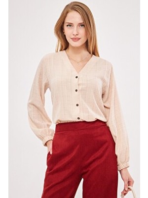 Kadın Ekru Kolu Lastikli Bürümcük Gömlek ARM-24K001002