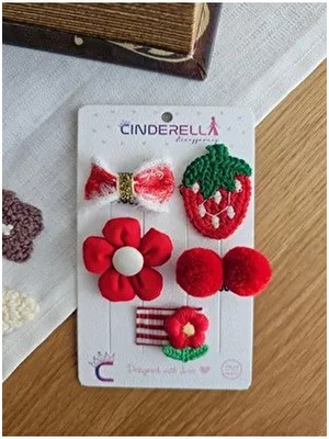 5'li Kırmızı Çilek Ponpon Fiyonklu Saçsız Bebek Tokası - Hediyelik Yılbaşı Az Saçlı Bebek Toka Seti