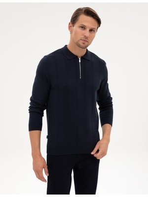 Pierre Cardin Erkek Lacivert Slim Fit Polo Yaka Fermuarlı Triko Kazak 50317398-VR033