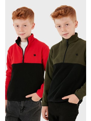 Lela Yumuşak Dokulu Yarım Fermuarlı Renk Bloklu Dik Yaka 2'li Paket Polar Çocuk Polar 5905004S2