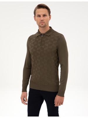 Pierre Cardin Erkek Koyu Haki Slim Fit Polo Yaka Fermuarlı Triko Kazak 50315688-VR111