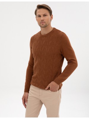 Pierre Cardin Erkek Kahverengi Regular Fit Bisiklet Yaka Triko Kazak 50315721-VR040