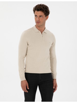 Pierre Cardin Erkek Krem Melanj Slim Fit Polo Yaka Fermuarlı Basic Triko Kazak 50315406-VR159