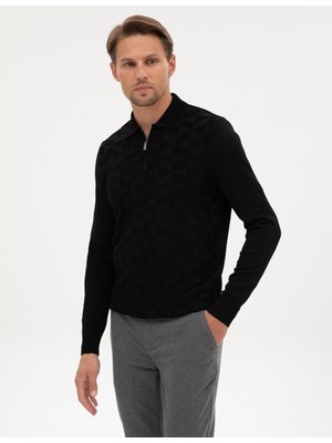 Pierre Cardin Erkek Siyah Slim Fit Polo Yaka Fermuarlı Triko Kazak 50315688-VR046