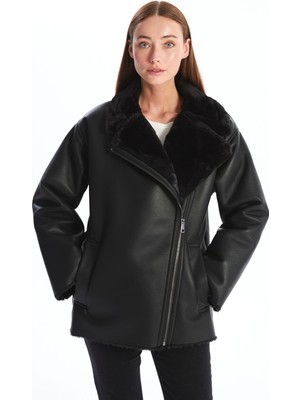 Lc Waikiki Yeni Sezon Biker Yaka Kadın Deri Görünümlü Mont