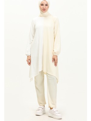 Asimetrik Tunik Pantolon Ikili Takım 3015-04 Ekru Sarı