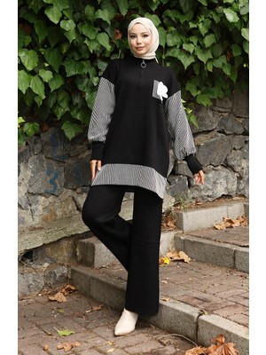 Triko Çiçek Aplikeli Tunik Pantolon Ikili Takım 1009-01 Siyah