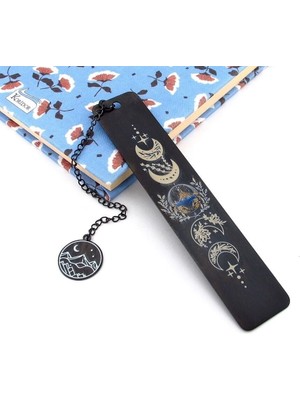 Ayın Evreleri ve Dağ Temalı Siyah  Çelik Bookmark Metal Ayraç Kitap Ayracı Zincirli AY071