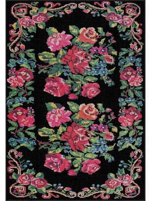 Aren Halı Chambe Çiçekli Siyah Polyester ve Pamuklu Yıkanabilir Kaydırmaz Taban Dijital Baskı Halı