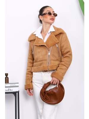 Camel Peluş Kısa Süet Mont