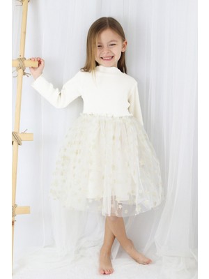 Le Mabelle Ekru  Yıldız Baskılı Tül Etekli Kız Çocuk Elbise - Karen