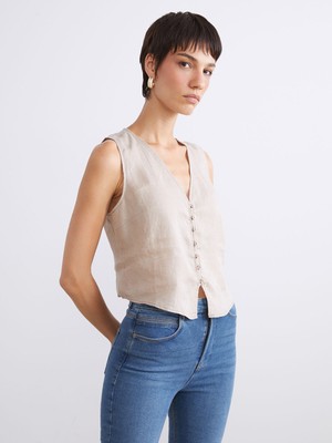 Lc Waikiki Yeni Sezon V Yaka Askılı %100 Keten Bluz