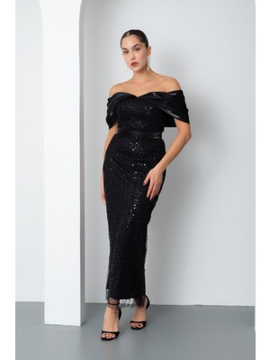 Kadın Siyah Kayık Yaka Midi Boncuklu Abiye Elbise