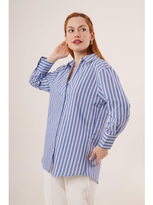 Evyora Çift Çizgi Geçişli Düğmeli Mavi Gömlek