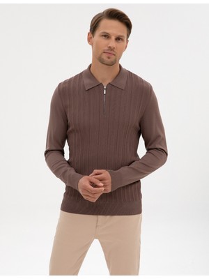 Pierre Cardin Erkek Vizon Regular Fit Bisiklet Yaka Fermuarlı Triko Kazak 50315753-VR052