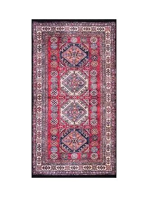 Aren Halı Fratte Çerçeveli Eskitme Kırmızı Polyester ve Pamuklu Kaydırmaz Tabanlı Dijital Baskı Halı