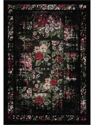 Aren Halı Born Desenli Siyah Polyester ve Pamuklu Yıkanabilir Kaydırmaz Taban Dijital Baskı Halısı