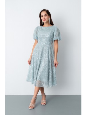 Kadın Mint Yeşili Balon Kol Pul Payet Midi Abiye Elbise