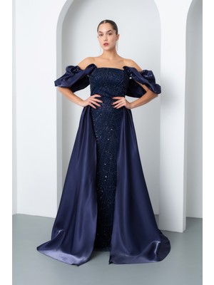 Kadın Lacivert Kayık Yaka Saten Kuyruklu Uzun Boncuklu Abiye