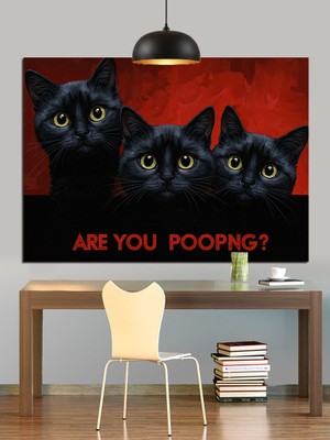 Tuvalette Duruşu Komik Siyah Kediler Dekoratif Kanvas - Mdf Ahşap Tablo