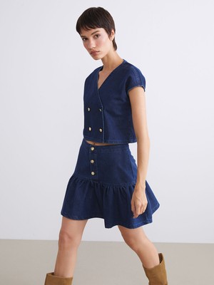 Lc Waikiki Yeni Sezon Kruvaze Yaka Crop Kadın Jean Yelek