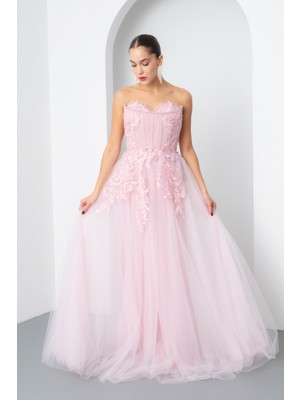 Kadın Pudra Straplez Güpürlü Uzun Tül Abiye Elbise