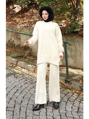 Triko Reglan Kol Tunik Pantolon Ikili Takım 1054-01 Bej