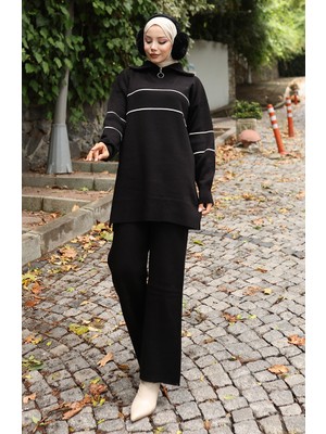 Triko Fermuarlı Tunik Pantolon Ikili Takım 1050-08 Siyah