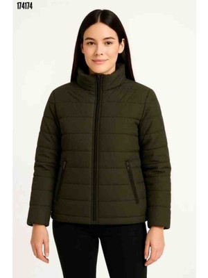 Bomber Mont Ceket-Su Itici Kumaş, Kapitone Astarlı, Fermuarlı, Kışlık, Kırmızı Gül Figürlü Kolye Hediye