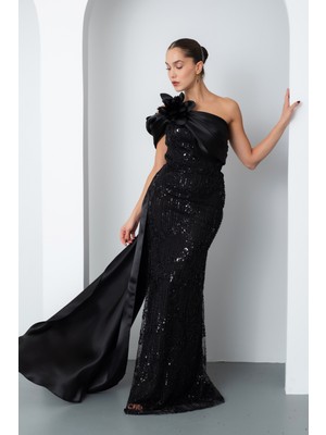 Kadın Siyah Boncuklu Tek Omuz Fiyonk Detay Kuyruklu Uzun Abiye