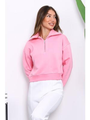 Pembe Önü Fermuarlı Üç Iplik Crop Sweat