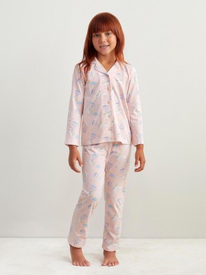 Lc Waikiki Yeni Sezon Gömlek Yaka Baskılı Kız Çocuk Pijama Takımı