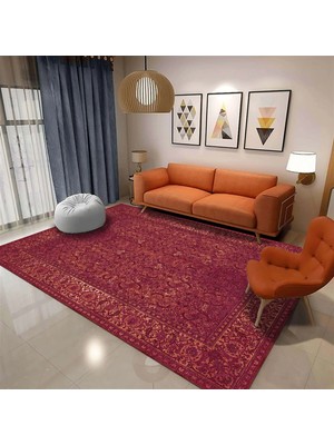 Gerva Çerçeveli Kırmızı Polyester ve Pamuklu Yıkanabilir Kaydırmaz Taban Dijital Baskı Halı